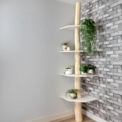 Baumstamm-Eckregal Tarik | Weiße Böden | 250 cm