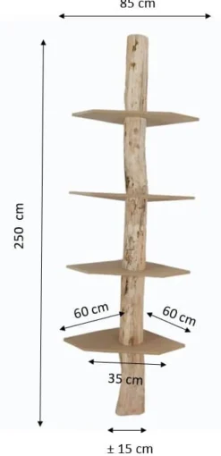 Baumstamm-Eckregal Tarik | Weiße Böden | 250 cm