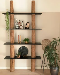 Baumstamm-Wandregal Cedric | Oak | Schwarze Böden | 250 cm