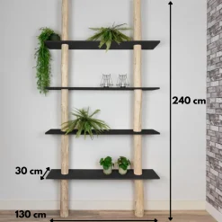 Baumstamm-Wandregal Cedric | Schwarze Böden | 250 cm