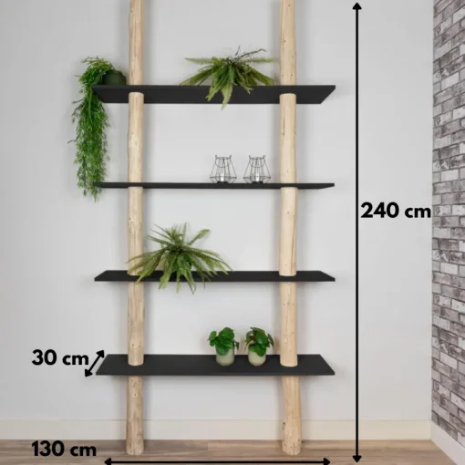 Baumstamm-Wandregal Cedric | Schwarze Böden | 250 cm