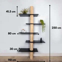 Baumstamm-Wandregal Einar | Schwarze Böden | 250 cm