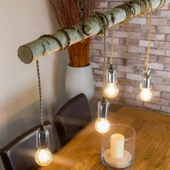 Hängeleuchte Birkenstamm mit Textilkabel in Beige