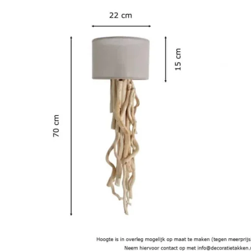Wandleuchte aus entrindeten Ästen mit Flachsstoff Lampenschirm